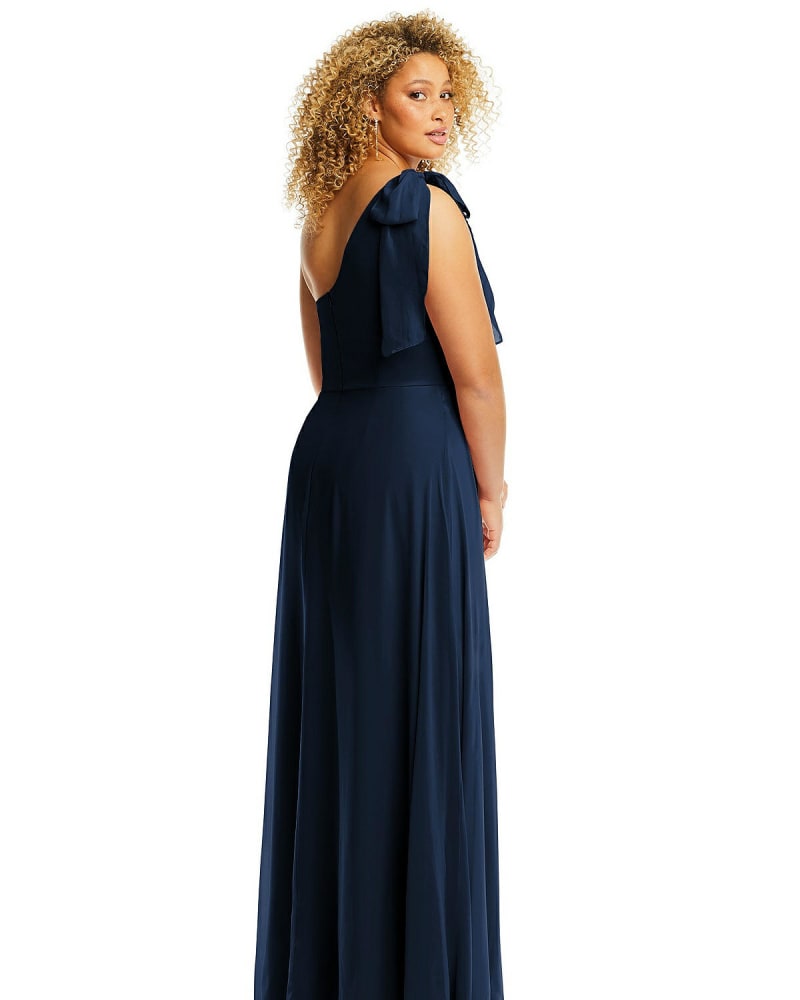Draped One Shoulder Maxi Dress with Scarf Bow Midnight Navy